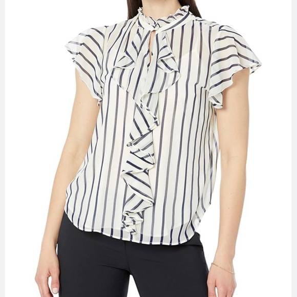 LAUREN RALPH LAUREN STRIPED RUFFLE TRIM CHIFFON BLOUSE SIZE (XSP). - Picture 3 of 14